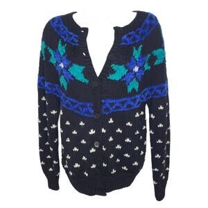 Vtg Petite Illustrations Womens S Black/Blue Crochet Wool Blend Sweater(1763)